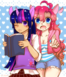 Size: 600x700 | Tagged: dead source, safe, artist:charmyamber, pinkie pie, twilight sparkle, human, g4, book, cleavage, clothes, eared humanization, female, horn, horned humanization, humanized, lesbian, ship:twinkie, shipping, skirt