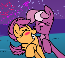 Size: 2000x1800 | Tagged: safe, artist:fkandfriends, cheerilee, scootaloo, earth pony, pegasus, pony, g4, blushing, eyes closed, female, filly, foal, lesbian, mare, night, nuzzling, ship:cheeriloo, shipping, smiling, stars, wings