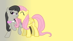 Size: 1366x766 | Tagged: safe, artist:hallfrost00, fluttershy, octavia melody, earth pony, pegasus, pony, g4, eyes closed, female, gradient background, kissing, lesbian, mare, raised hoof, ship:fluttertavia, shipping, smiling, standing