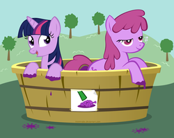 Size: 2040x1627 | Tagged: safe, artist:misteraibo, berry punch, berryshine, twilight sparkle, earth pony, pony, unicorn, g4, female, food, grape stomping, grapes, implied, mare, unicorn twilight, vector