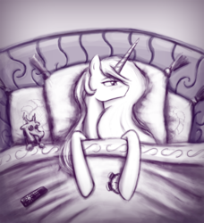 Size: 600x659 | Tagged: safe, artist:dobromyslov, discord, princess celestia, alicorn, pony, g4, alarm clock, bed, clock, doll, female, implied dislestia, implied shipping, implied straight, mare, monochrome, remote