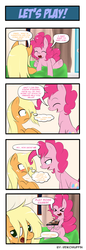 Size: 660x1914 | Tagged: safe, artist:reikomuffin, applejack, pinkie pie, earth pony, pony, g4, 4koma, ><, bedroom, blushing, comic, eyes closed, implied lesbian, loose hair, midnight, team fortress 2, video game