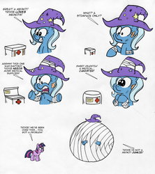 Size: 1150x1295 | Tagged: safe, artist:epulson, trixie, twilight sparkle, g4, drugs, pills