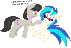 Size: 1218x828 | Tagged: safe, artist:canon-lb, artist:joey darkmeat, dj pon-3, octavia melody, vinyl scratch, earth pony, pony, unicorn, g4, bowtie, comic, cutie mark, female, hooves, horn, mare, open mouth, pun, simple background, sunglasses, teeth, transparent background, vector, wub