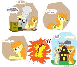 Size: 1108x965 | Tagged: safe, artist:gonzahermeg, carrot top, derpy hooves, golden harvest, rainbow dash, pegasus, pony, g4, chef's hat, comic, female, fire, for dummies, hat, mare