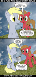 Size: 600x1273 | Tagged: safe, derpy hooves, oc, oc:pun, pegasus, pony, ask pun, g4, comic, diet, female, mare, muffin, tumblr