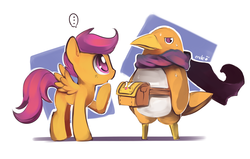 Size: 1178x750 | Tagged: safe, artist:ende26, scootaloo, pegasus, pony, g4, ..., clothes, crossover, disgaea, fanny pack, female, filly, hero prinny, prinny, scarf, sweat
