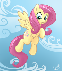 Size: 630x719 | Tagged: safe, artist:pippy, fluttershy, pegasus, pony, g4, cloud, female, flying, looking down, mare, sky, solo