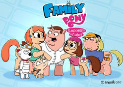 Size: 3508x2480 | Tagged: safe, artist:spaceboy969, earth pony, fox, pony, unicorn, brian griffin, chris griffin, clothes, crossover, cursed image, cutie mark, ear piercing, earring, family guy, glasses, hat, high res, jewelry, lois griffin, male, meg griffin, peter griffin, piercing, ponified, rule 85, simp, stewie griffin, this is epic