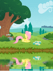 Size: 421x560 | Tagged: safe, artist:kennyklent, fluttershy, g4, animated, cinemagraph, female, filly, lying down, ponyloaf, prone, reflection, scenery, water