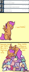 Size: 500x1233 | Tagged: safe, artist:feathersandink, scootaloo, g4, ask, book, comic, sleeping, that scootaloo, tumblr