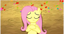 Size: 650x352 | Tagged: safe, screencap, fluttershy, pegasus, pony, g4, my little pony: friendship is magic, the last roundup, bust, eyes closed, female, hooves to the chest, inverted mouth, mare, on back, smiling, solo