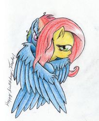 Size: 422x516 | Tagged: safe, artist:vabla, fluttershy, rainbow dash, g4, female, lesbian, ship:flutterdash, shipping, winghug