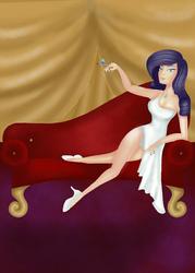 Size: 611x852 | Tagged: safe, artist:twilightspc, rarity, human, g4, alcohol, breasts, busty rarity, couch, curvy, fainting couch, glass, humanized, solo