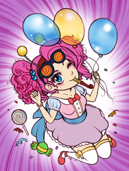 Size: 600x799 | Tagged: safe, artist:christinies, pinkie pie, human, g4, balloon, blushing, candy, humanized, party horn, wink