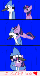 Size: 500x946 | Tagged: safe, artist:perryrocks, twilight sparkle, g4, crossover, crossover shipping, eyes closed, heart, hug, male, mordecai, mordetwi, regular show