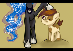 Size: 520x363 | Tagged: safe, artist:leimy, pipsqueak, princess luna, g4, petting