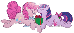 Size: 946x431 | Tagged: safe, artist:kabachu, pinkie pie, twilight sparkle, earth pony, pony, unicorn, g4, eyes closed, female, hat, lesbian, mare, present, santa hat, ship:twinkie, shipping, simple background, tail bow, transparent background, unicorn twilight