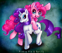 Size: 1045x898 | Tagged: safe, artist:limreiart, pinkie pie, rarity, earth pony, pony, unicorn, g4, abstract background, cute, diapinkes, duo, duo female, eyeshadow, female, looking at you, makeup, mare, raribetes, standing on two hooves
