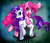 Size: 1045x898 | Tagged: safe, artist:limreiart, pinkie pie, rarity, earth pony, pony, unicorn, g4, abstract background, cute, diapinkes, duo, duo female, eyeshadow, female, looking at you, makeup, mare, raribetes, standing on two hooves