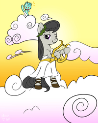 Size: 6720x8400 | Tagged: safe, artist:twiddlechimp, lyra heartstrings, octavia melody, earth pony, pony, unicorn, g4, absurd resolution, bipedal, clothes, cloud, cloudy, lyre