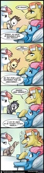 Size: 395x1555 | Tagged: safe, artist:maytee, carrot cake, cup cake, nurse redheart, pound cake, pumpkin cake, earth pony, pony, rabbit, zebra, g4, birth, cake family, carrot cuck, comic, cuckold, female, hospital, implied infidelity, male, mare, ship:carrot cup, shipping, spanish, stallion, straight, translation, what has science done