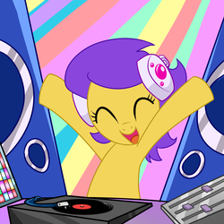 Size: 1500x1500 | Tagged: safe, artist:madmax, oc, oc only, earth pony, pony, bronystate, disc jockey, dj pony, dj table, earth pony oc, eyes closed, headphones, open mouth, solo, speaker, turntable