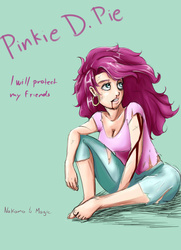 Size: 1280x1766 | Tagged: safe, artist:sundown, pinkie pie, human, g4, barefoot, black eye, blood, breasts, bruised, clothes, earring, feet, female, humanized, one piece, pinkamena diane pie, reference, simple background, sitting, solo, torn clothes
