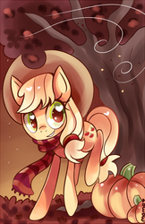 Size: 550x849 | Tagged: safe, artist:ipun, applejack, earth pony, pony, g4, autumn, clothes, female, heart eyes, pumpkin, scarf, solo