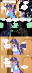 Size: 1280x2880 | Tagged: safe, artist:zanezandell, doctor whooves, time turner, twilight sparkle, pegasus, pony, unicorn, ask discorded whooves, ask evil genius twilight, g4, comic, discord whooves, doctor who, duo, evil genius twilight, excited, tardis, the doctor, tumblr, tumblr comic