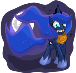 Size: 1280x1229 | Tagged: safe, artist:secoh2000, princess luna, alicorn, pony, g4, female, food, full moon, halloween, holiday, hoof shoes, jack-o-lantern, moon, mouth hold, nightmare night, pumpkin, pumpkin bucket, simple background, solo, transparent background, trick or treat