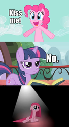 Size: 521x960 | Tagged: safe, edit, edited screencap, screencap, pinkie pie, twilight sparkle, applebuck season, g4, party of one, the best night ever, comic, female, image macro, kiss me, parody, pinkamena diane pie, sad, screencap comic, shipping denied, this will end in death, this will end in tears, this will end in tears and/or death