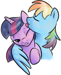 Size: 592x725 | Tagged: safe, artist:northernlightsmlp, rainbow dash, twilight sparkle, pegasus, pony, unicorn, g4, blushing, female, lesbian, licking, lip bite, mare, ship:twidash, shipping, simple background, transparent background, unicorn twilight