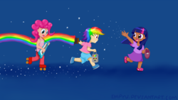 Size: 1920x1080 | Tagged: safe, artist:empyu, pinkie pie, rainbow dash, twilight sparkle, human, g4, clothes, cute, dark skin, humanized, keytar, kids, musical instrument, nyan cat, nyan dash, paint, paintbrush, parody, rainbow, rainbow paint, roller skates, shoes, shorts, skirt, sparkles, tank top, trio, younger