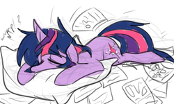 Size: 1280x770 | Tagged: safe, artist:ghost, twilight sparkle, pony, unicorn, g4, bed, exhausted, eyes closed, female, flop, floppy ears, mare, messy mane, paper, pillow, prone, sketch, sleepy, solo, tired