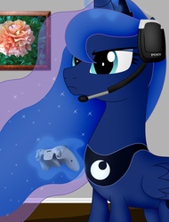 Size: 1704x2242 | Tagged: safe, artist:iflysna94, princess luna, pony, gamer luna, g4, controller, female, headset, magic, serious face, solo