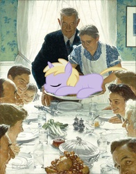 Size: 1411x1800 | Tagged: safe, artist:norman rockwell, dinky hooves, human, pony, unicorn, g4, abuse, dinkybuse, female, filly, person as food, thanksgiving