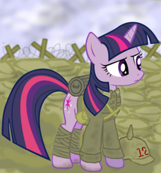 Size: 686x735 | Tagged: dead source, safe, artist:colorcopycenter, twilight sparkle, pony, unicorn, g4, military, soldier, solo, trench, war, world war i