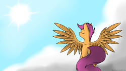 Size: 1920x1080 | Tagged: safe, artist:kyroking, scootaloo, pegasus, pony, g4, butt, cloud, female, mare, older, plot, scootabutt, scootaloo can fly, solo