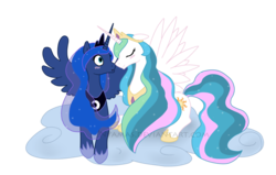 Size: 1008x642 | Tagged: safe, artist:nyamas, princess celestia, princess luna, g4, blushing, nuzzling, watermark