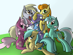 Size: 1473x1100 | Tagged: dead source, safe, artist:kyroking, carrot top, cheerilee, derpy hooves, golden harvest, lyra heartstrings, sunshower raindrops, trixie, pegasus, pony, g4, alternate mane six, female, group photo, luna six, lunaverse, mane six opening poses, mare