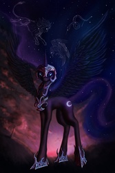 Size: 1600x2400 | Tagged: safe, artist:sirmaril, nightmare moon, alicorn, pony, g4, armor, cloud, ethereal mane, female, jewelry, night, regalia, solo, spread wings, stars, tree, wings