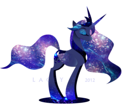 Size: 2529x2250 | Tagged: safe, artist:softcoremirth, princess luna, alicorn, pony, g4, concave belly, ethereal mane, eyes closed, female, galaxy mane, high res, mare, signature, simple background, slender, solo, standing, starry wings, stylized, surreal, thin, transparent background, watermark