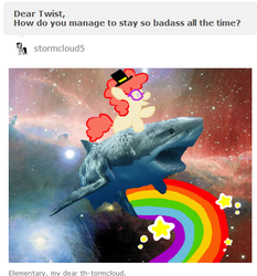 Size: 507x543 | Tagged: safe, twist, shark, ask twist, g4, glasses, hat, rainbow, the cosmos, top hat