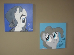 Size: 2000x1500 | Tagged: safe, artist:pyrobob, pinkie pie, rarity, g4, autograph, painting, photo, unsure