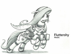 Size: 2480x1748 | Tagged: safe, artist:george5408, fluttershy, g4, battlefield, defibrillator, medic, monochrome