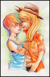 Size: 1636x2512 | Tagged: safe, artist:killa7, applejack, rainbow dash, human, g4, female, humanized, lesbian, ship:appledash, shipping