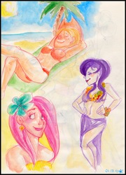 Size: 1280x1776 | Tagged: safe, artist:killa7, applejack, fluttershy, rarity, human, g4, applebucking thighs, beach, belly button, bikini, clothes, flower, humanized, lei, midriff, sarong, swimsuit, traditional art