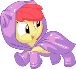 Size: 980x894 | Tagged: safe, artist:carnifex, apple bloom, earth pony, pony, g4, boots, clothes, female, filly, galoshes, hood, looking back, looking over shoulder, raincoat, shoes, simple background, smiling, solo, transparent background