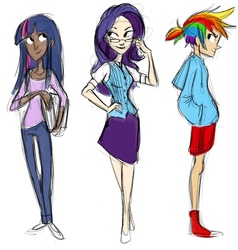 Size: 1600x1683 | Tagged: safe, artist:harpymarx, rainbow dash, rarity, twilight sparkle, human, g4, clothes, converse, dark skin, glasses, humanized, shoes, skinny, skirt, thin